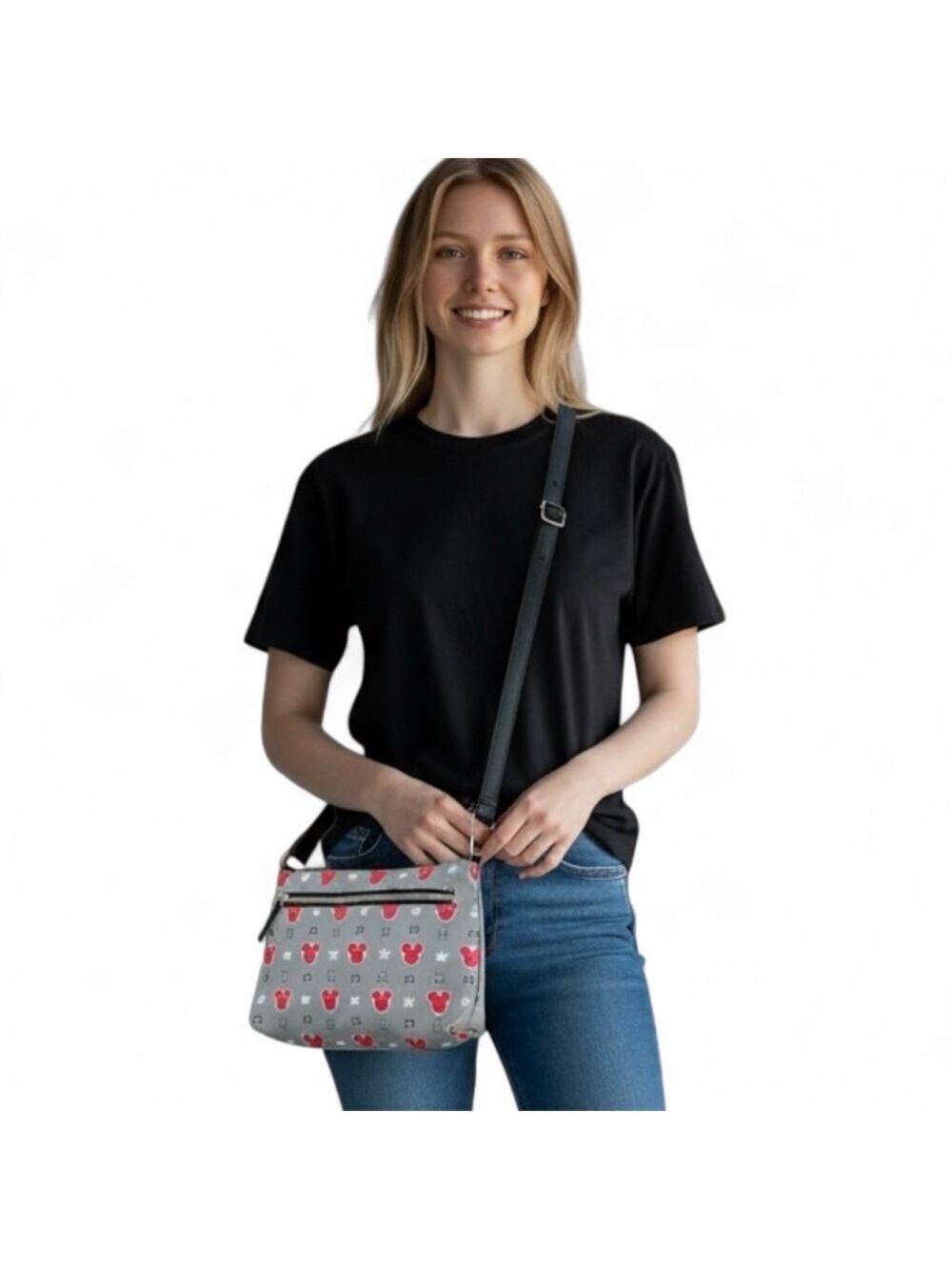 Disney Mickey Mouse Shoulder Bag Purse – Adjustable Crossbody, Gray Red Print, 1